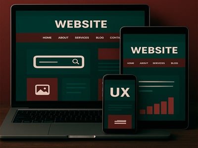 Notebook, tablet e smartphone exibindo site responsivo com gráficos de SEO e marketing digital.