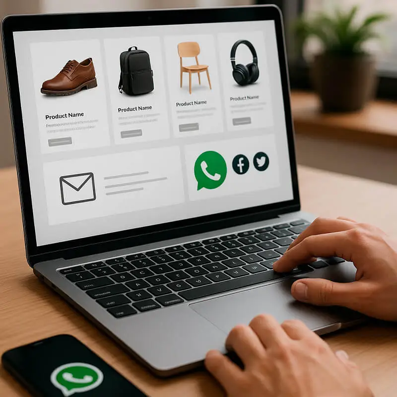 Pessoa usando um laptop com loja virtual exibindo produtos e ícones de contato como WhatsApp e redes sociais, representando um site como ferramenta de vendas.
