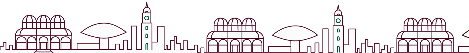 Ilustração vetorial de Curitiba com o Jardim Botânico, o Museu Oscar Niemeyer e o skyline da cidade, em traço contínuo, para o rodapé do site da CWB Sites.