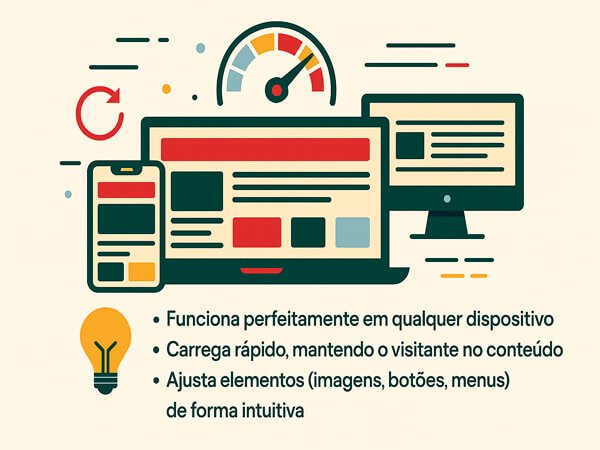 Ilustração em estilo flat mostrando laptop, smartphone e monitor exibindo o mesmo layout responsivo, com velocímetro indicando alta velocidade de carregamento e ícones representando otimização de design para qualquer dispositivo.