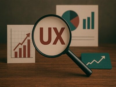 Lupa destacando UX com gráficos de métricas ao fundo.