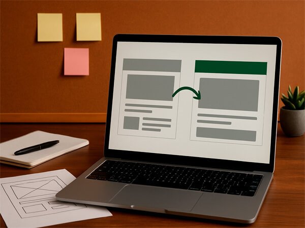 Mockup realista de reformulação de site exibido em um notebook sobre uma mesa de trabalho.