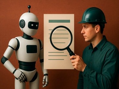 Robô e humano analisando documento com lupa no contexto de SEO.