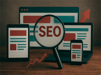 Dispositivos mostrando sites responsivos com lupa destacando SEO.