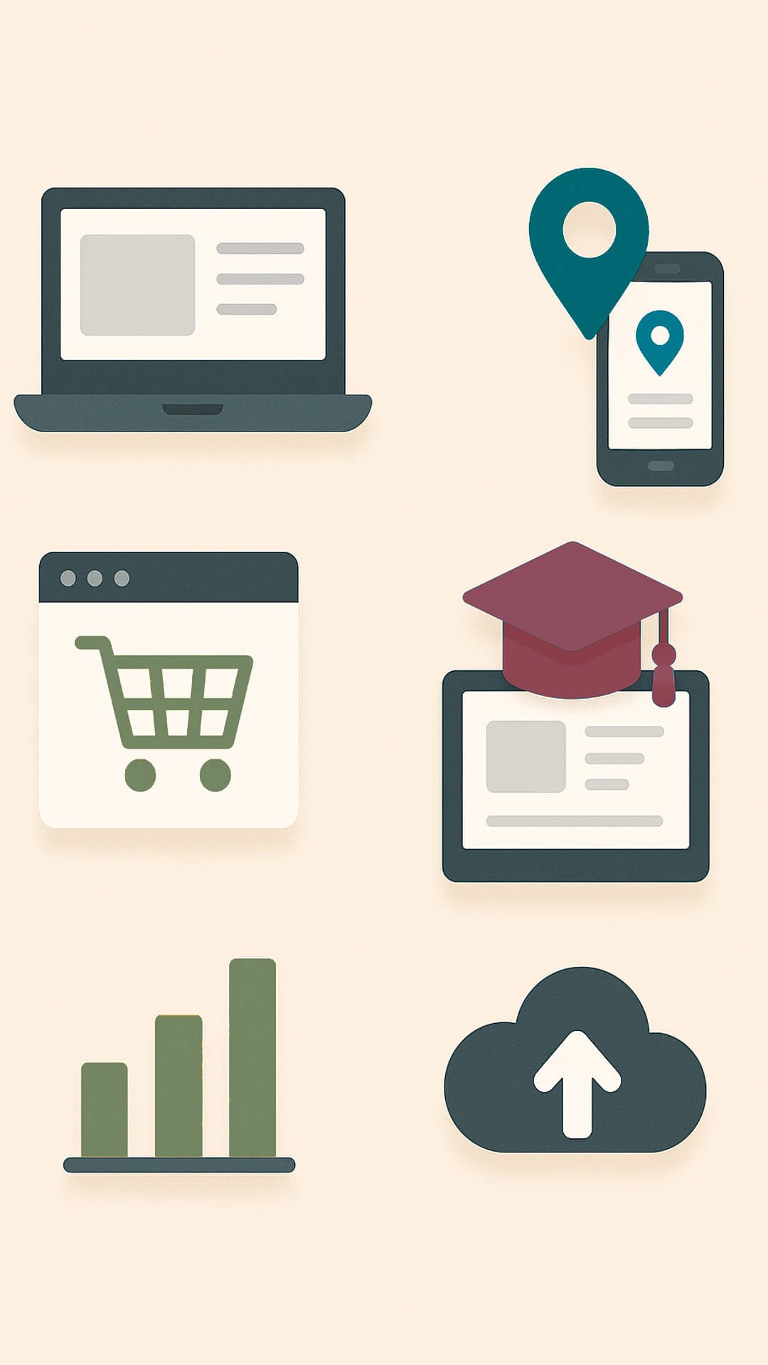 Ícones de setores que usam sites responsivos: e-commerce, serviços locais, educação, B2B e SaaS.