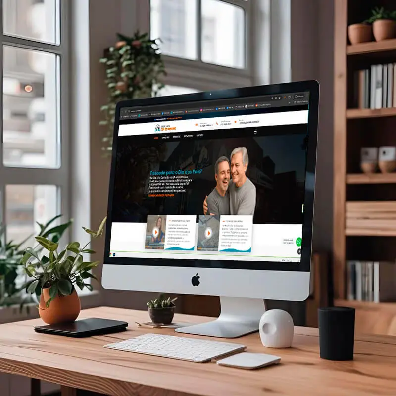 Computador exibindo site profissional em um escritório moderno, representando como um site pode aumentar a credibilidade de uma marca