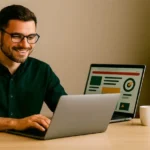 Fotografia realista de homem usando notebook em mesa de madeira clara, com caneca de café ao lado e planta ao fundo, transmitindo ambiente profissional e produtivo."