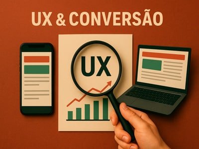 Interface digital mostrando UX e conversão com destaque para botão de clique pago.