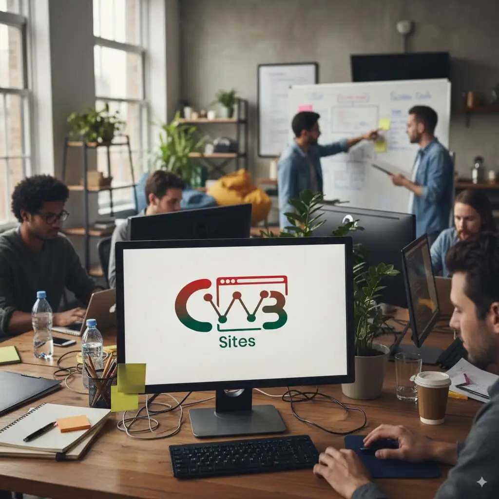 Desenvolvedores de site discutindo sobre os projetos