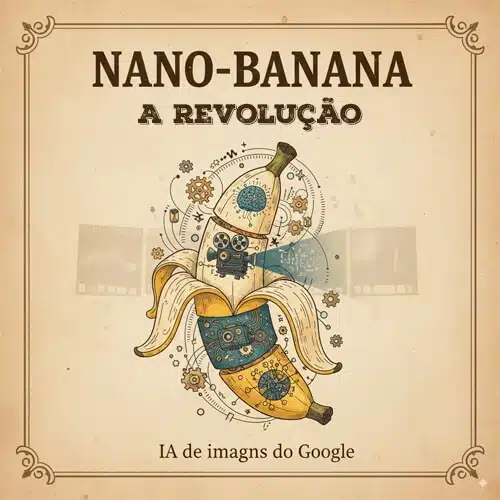 Ilustração estilizada de uma banana com elementos de circuitos e partículas digitais, representando a fusão entre biologia e inteligência artificial, sobre fundo escuro.